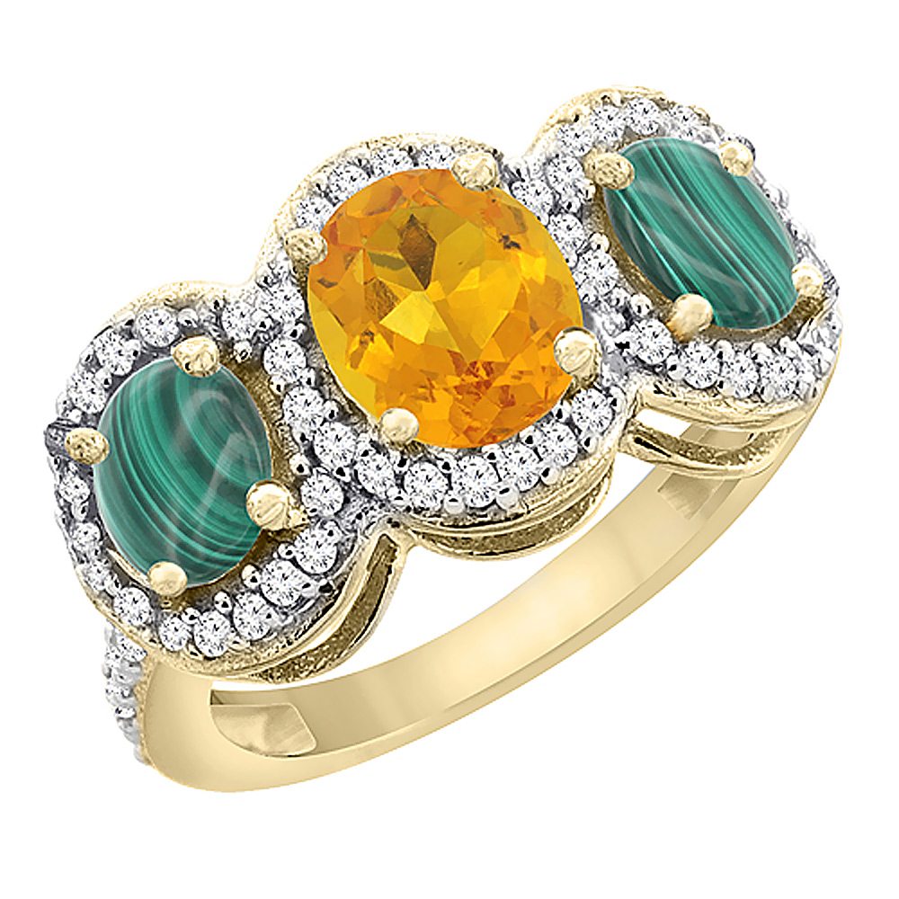 10K Yellow Gold Natural Citrine & Malachite 3-Stone Ring Oval Diamond Accent, sizes 5 - 10