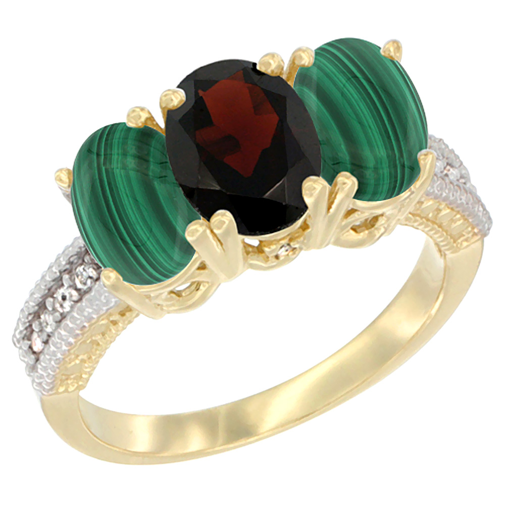 10K Yellow Gold Natural Garnet & Malachite Sides Ring 3-Stone Oval 7x5 mm Diamond Accent, sizes 5 - 10