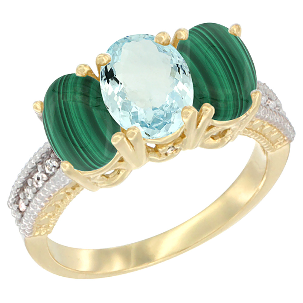 10K Yellow Gold Natural Aquamarine & Malachite Sides Ring 3-Stone Oval 7x5 mm Diamond Accent, sizes 5 - 10