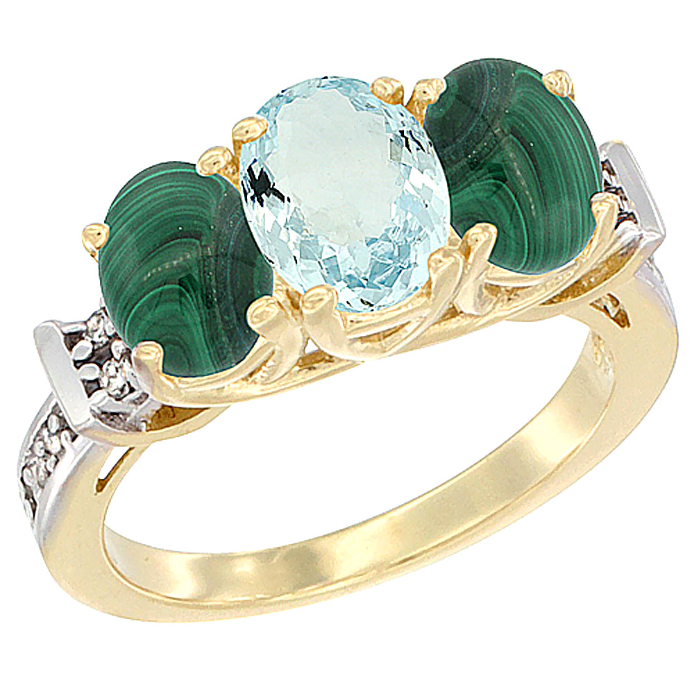 10K Yellow Gold Natural Aquamarine & Malachite Sides Ring 3-Stone Oval Diamond Accent, sizes 5 - 10