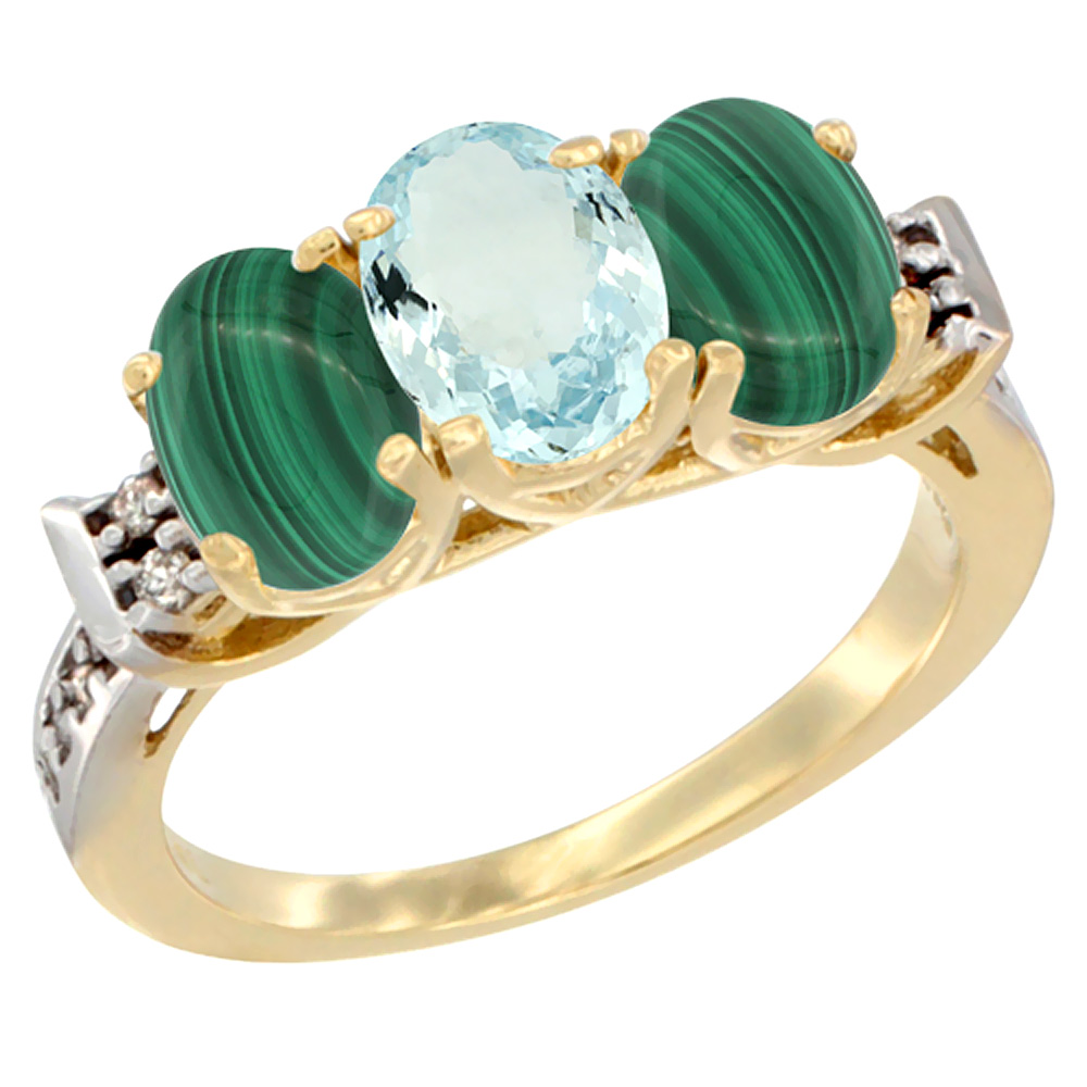 10K Yellow Gold Natural Aquamarine & Malachite Sides Ring 3-Stone Oval 7x5 mm Diamond Accent, sizes 5 - 10