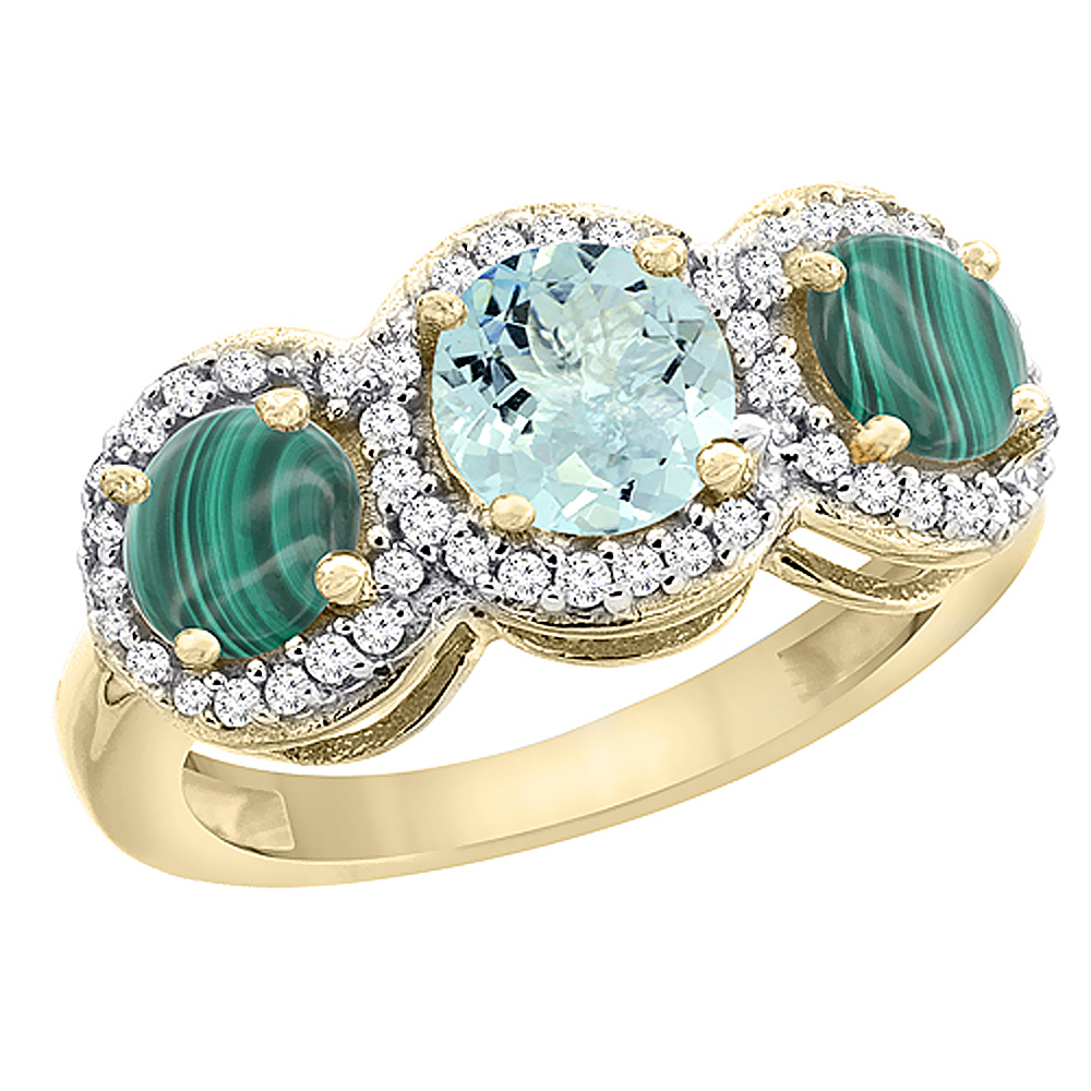 10K Yellow Gold Natural Aquamarine & Malachite Sides Round 3-stone Ring Diamond Accents, sizes 5 - 10