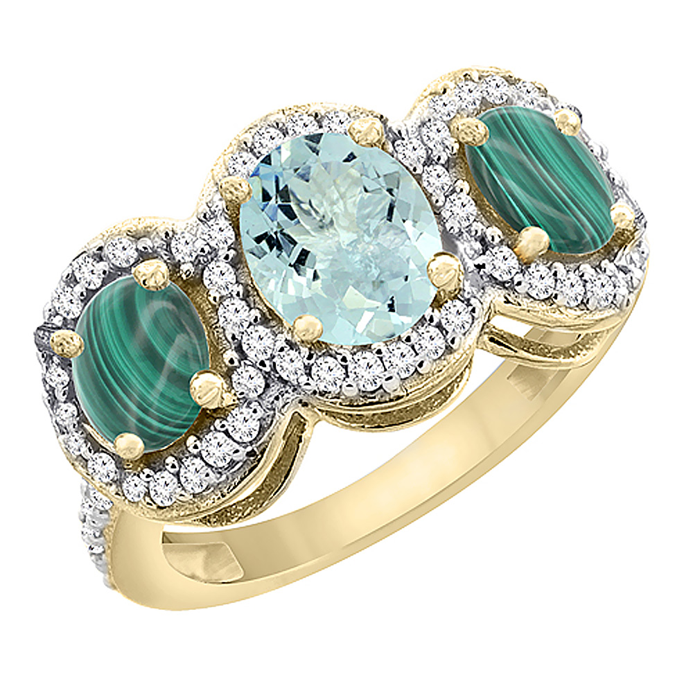 10K Yellow Gold Natural Aquamarine & Malachite 3-Stone Ring Oval Diamond Accent, sizes 5 - 10