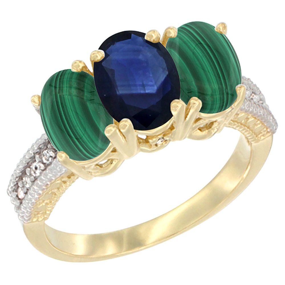 10K Yellow Gold Natural Blue Sapphire & Malachite Sides Ring 3-Stone Oval 7x5 mm Diamond Accent, sizes 5 - 10