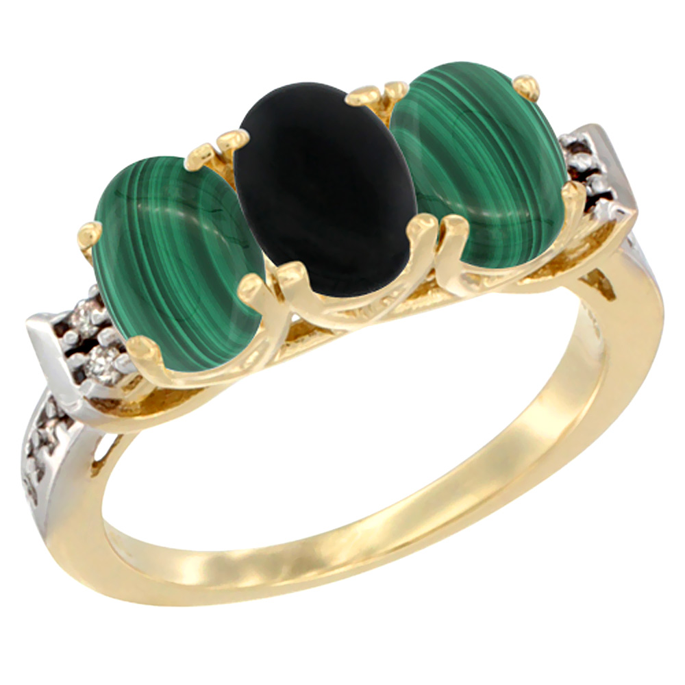 14K Yellow Gold Natural Black Onyx & Malachite Ring 3-Stone 7x5 mm Oval Diamond Accent, sizes 5 - 10