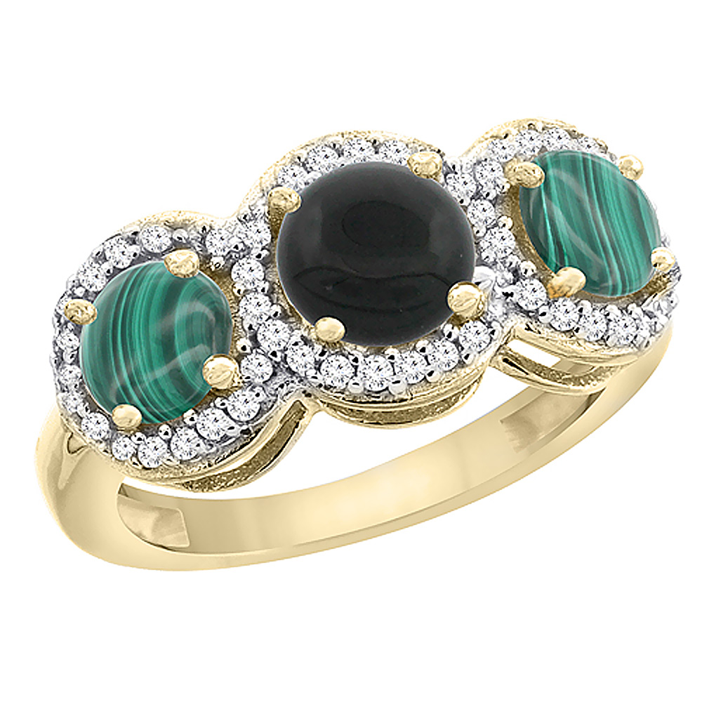 14K Yellow Gold Natural Black Onyx & Malachite Sides Round 3-stone Ring Diamond Accents, sizes 5 - 10