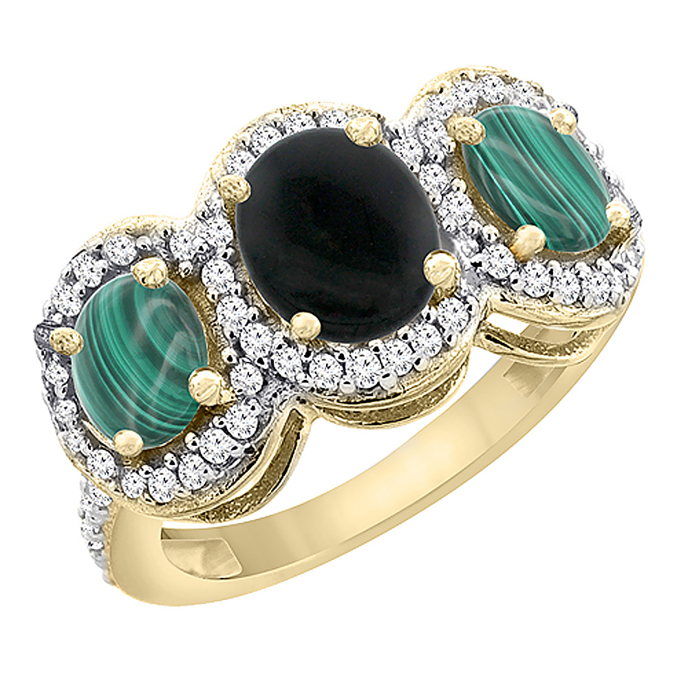 14K Yellow Gold Natural Black Onyx & Malachite 3-Stone Ring Oval Diamond Accent, sizes 5 - 10