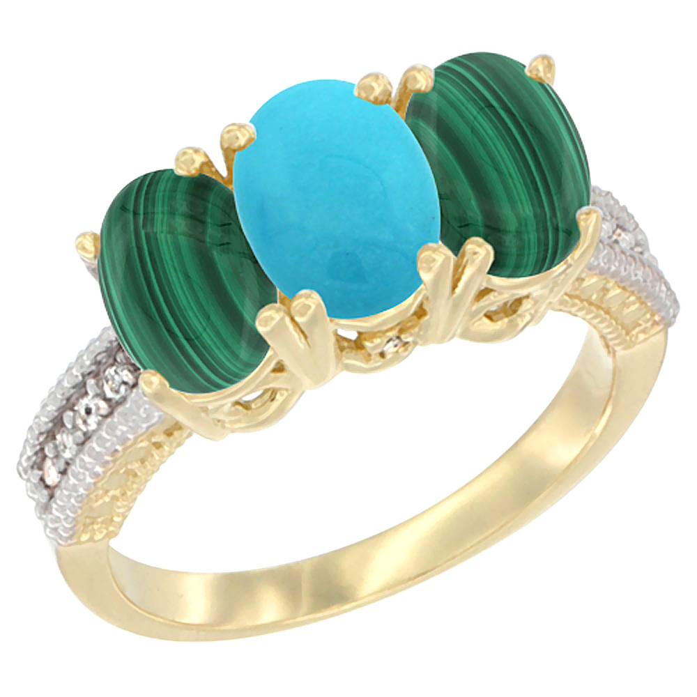 10K Yellow Gold Natural Turquoise & Malachite Sides Ring 3-Stone Oval 7x5 mm Diamond Accent, sizes 5 - 10