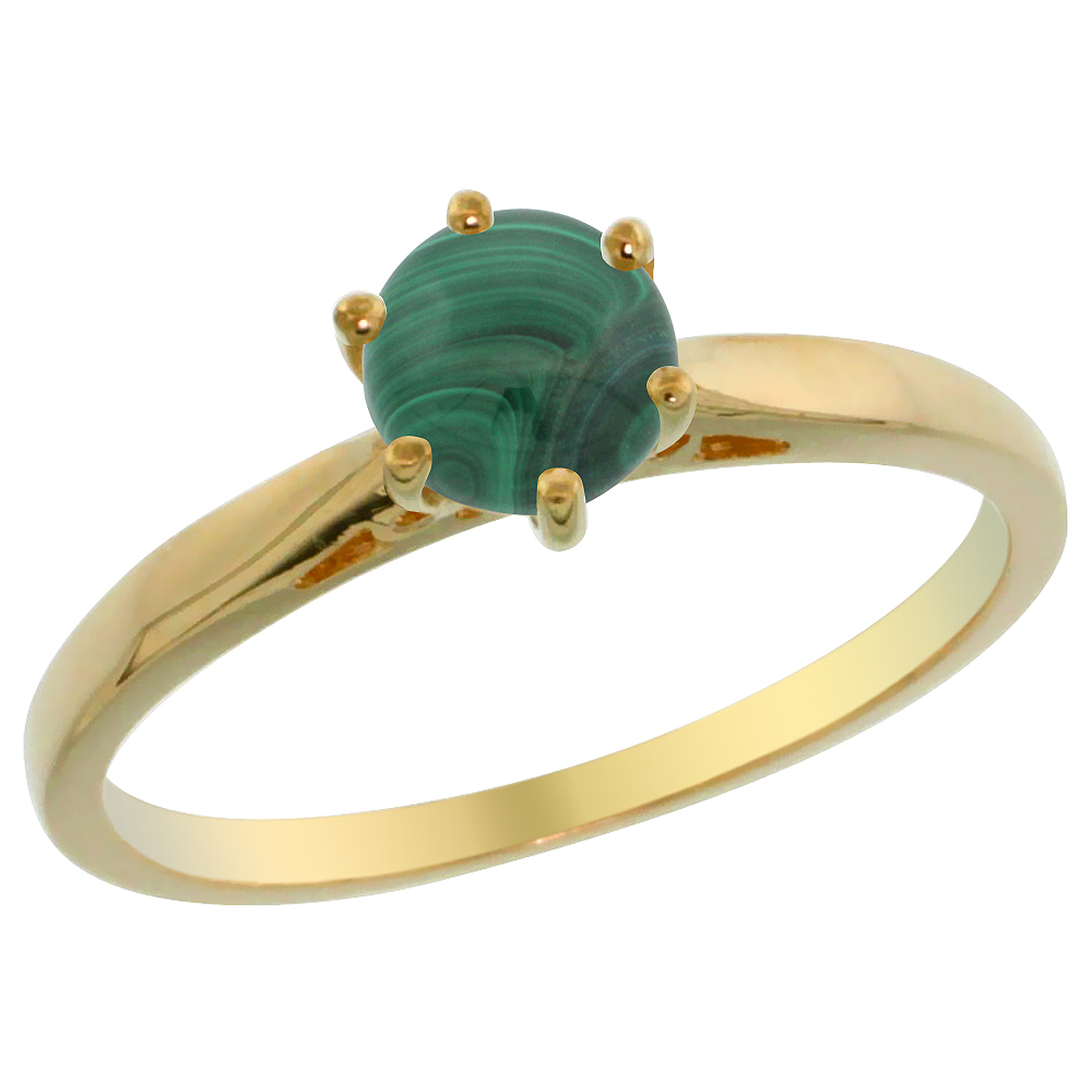 14K Yellow Gold Natural Malachite Solitaire Ring Round 5mm, sizes 5 - 10