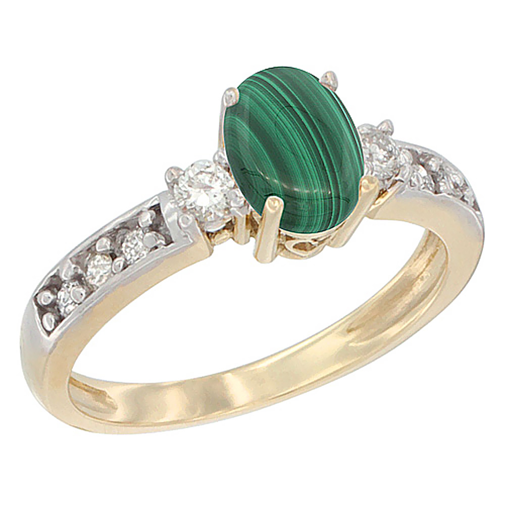 14K Yellow Gold Natural Malachite Ring Oval 7x5 mm Diamond Accent, sizes 5 - 10