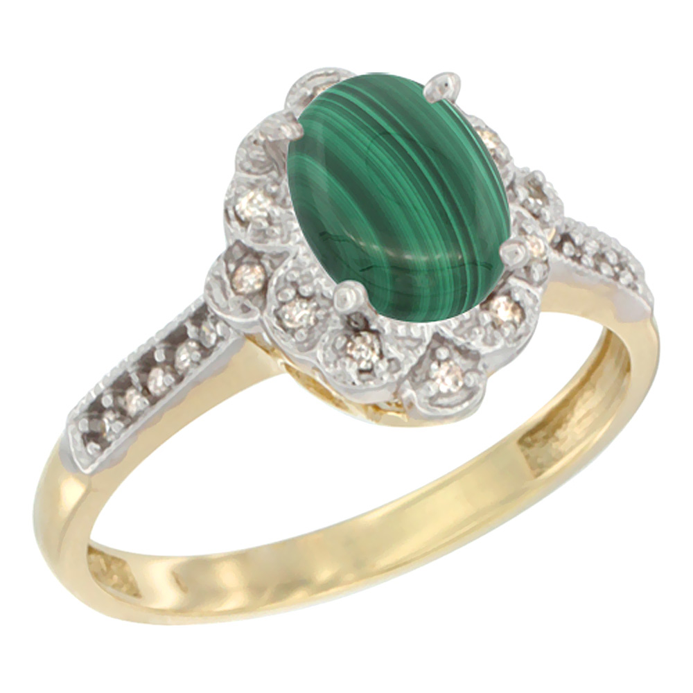 14K Yellow Gold Natural Malachite Ring Oval 8x6 mm Floral Diamond Halo, sizes 5 - 10