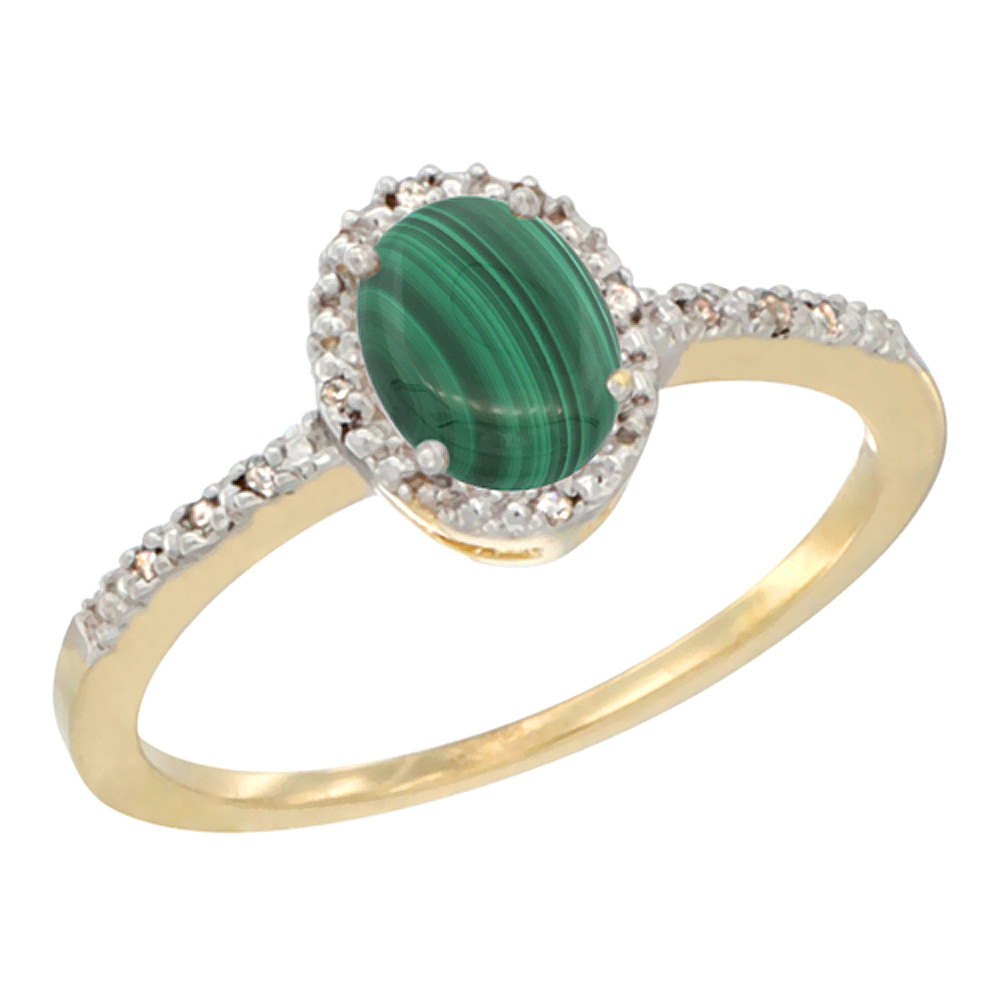 14K Yellow Gold Diamond Natural Malachite Engagement Ring Oval 7x5 mm, sizes 5 - 10