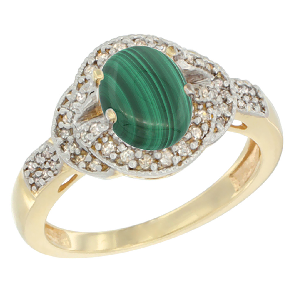 14K Yellow Gold Natural Malachite Ring Oval 8x6 mm Diamond Accent, sizes 5 - 10