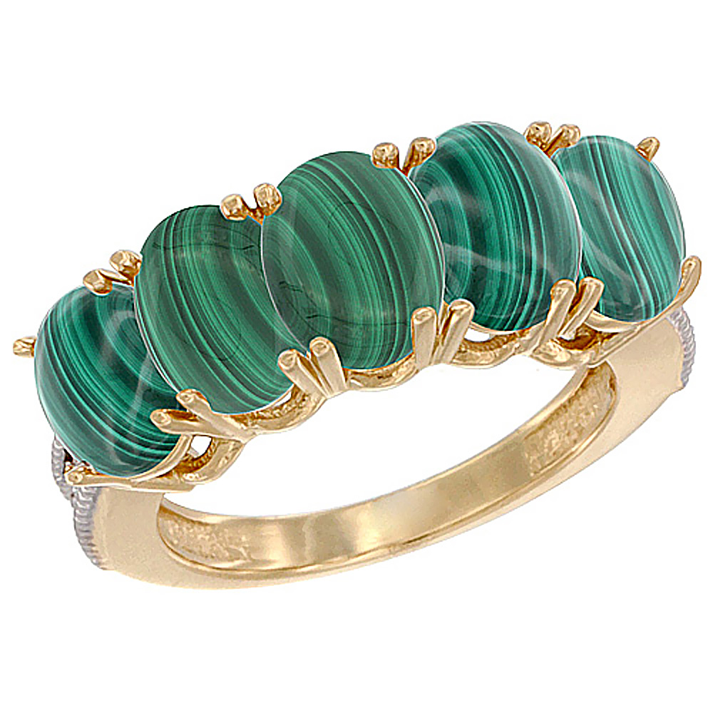 14K Yellow Gold Natural Malachite 0.75 ct. Oval 7x5mm 5-Stone Mother's Ring with Diamond Accents, sizes 5 to 10 with half sizes