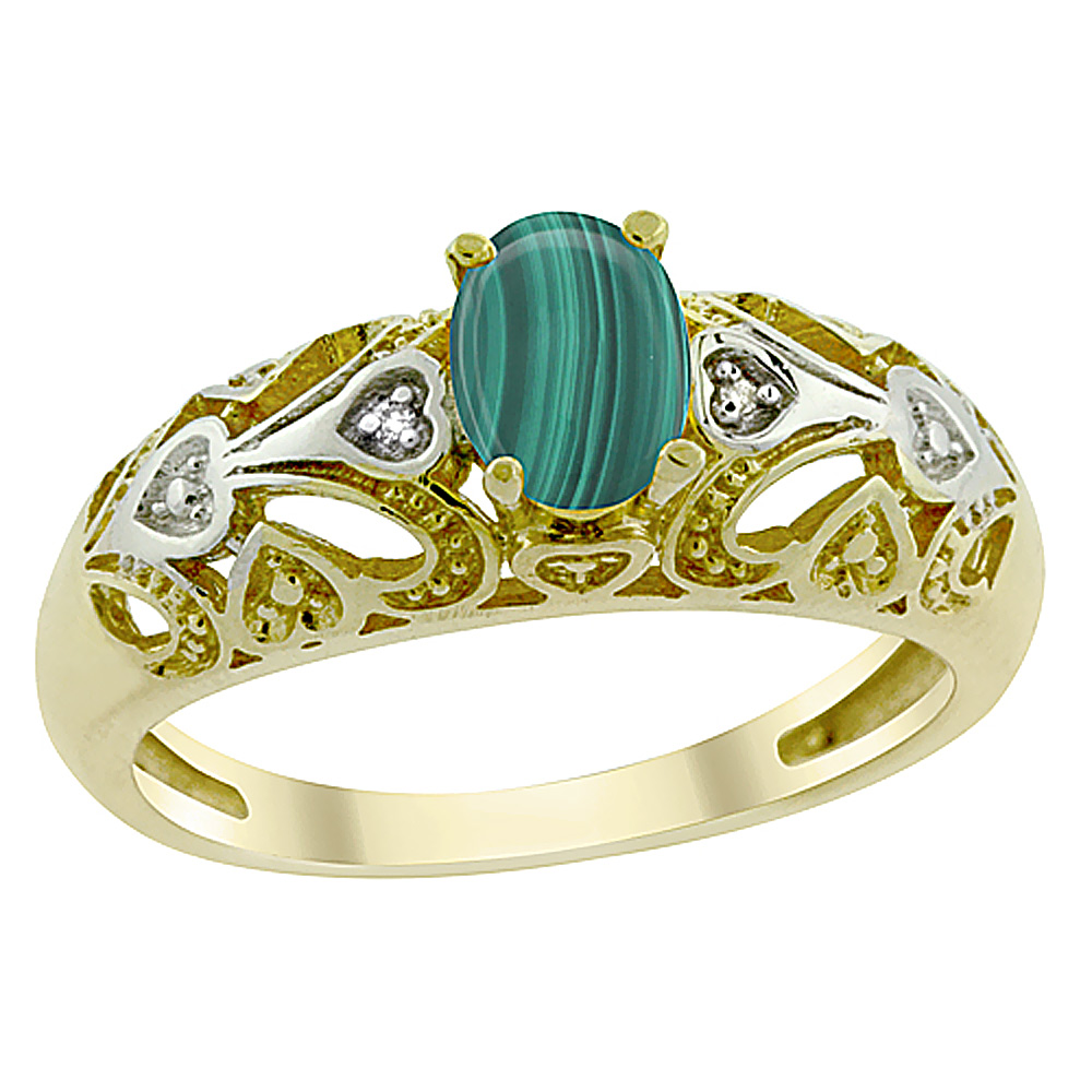 14K Yellow Gold Natural Malachite Ring Oval 6x4 mm Diamond Accent, sizes 5 - 10