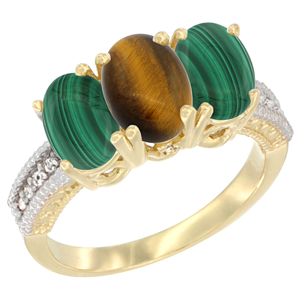 10K Yellow Gold Natural Tiger Eye & Malachite Sides Ring 3-Stone Oval 7x5 mm Diamond Accent, sizes 5 - 10