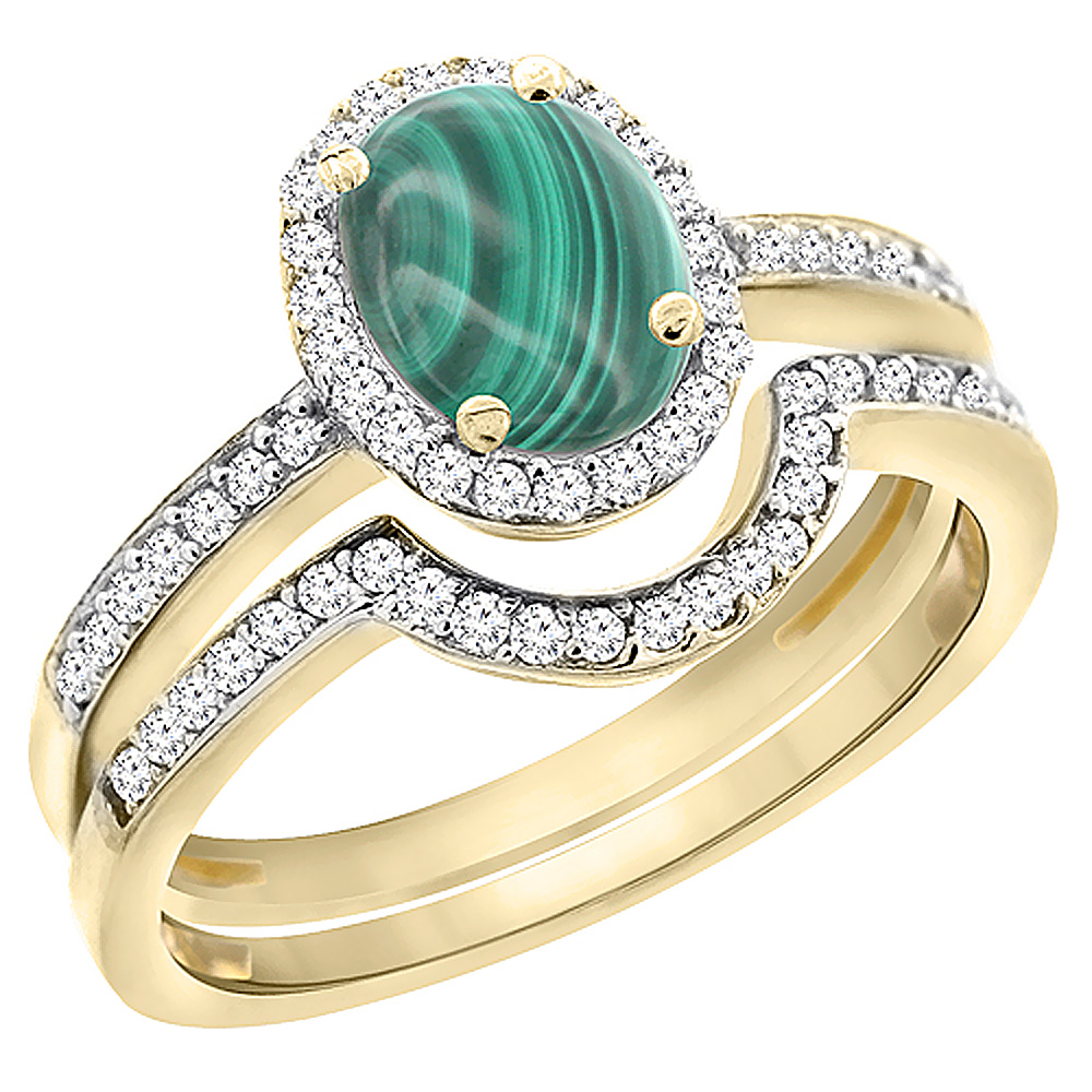 14K Yellow Gold Diamond Natural Malachite 2-Pc. Engagement Ring Set Oval 8x6 mm, sizes 5 - 10