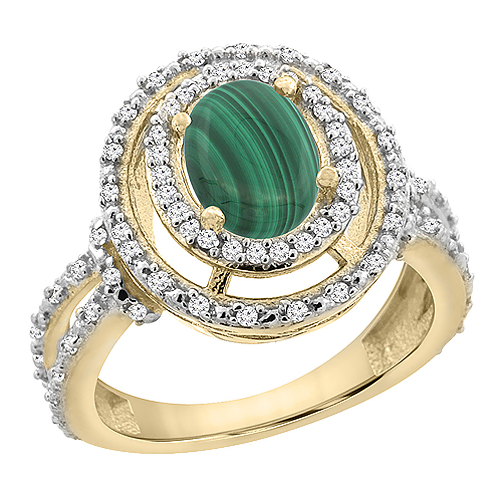 14K Yellow Gold Natural Malachite Ring Oval 8x6 mm Double Halo Diamond, sizes 5 - 10