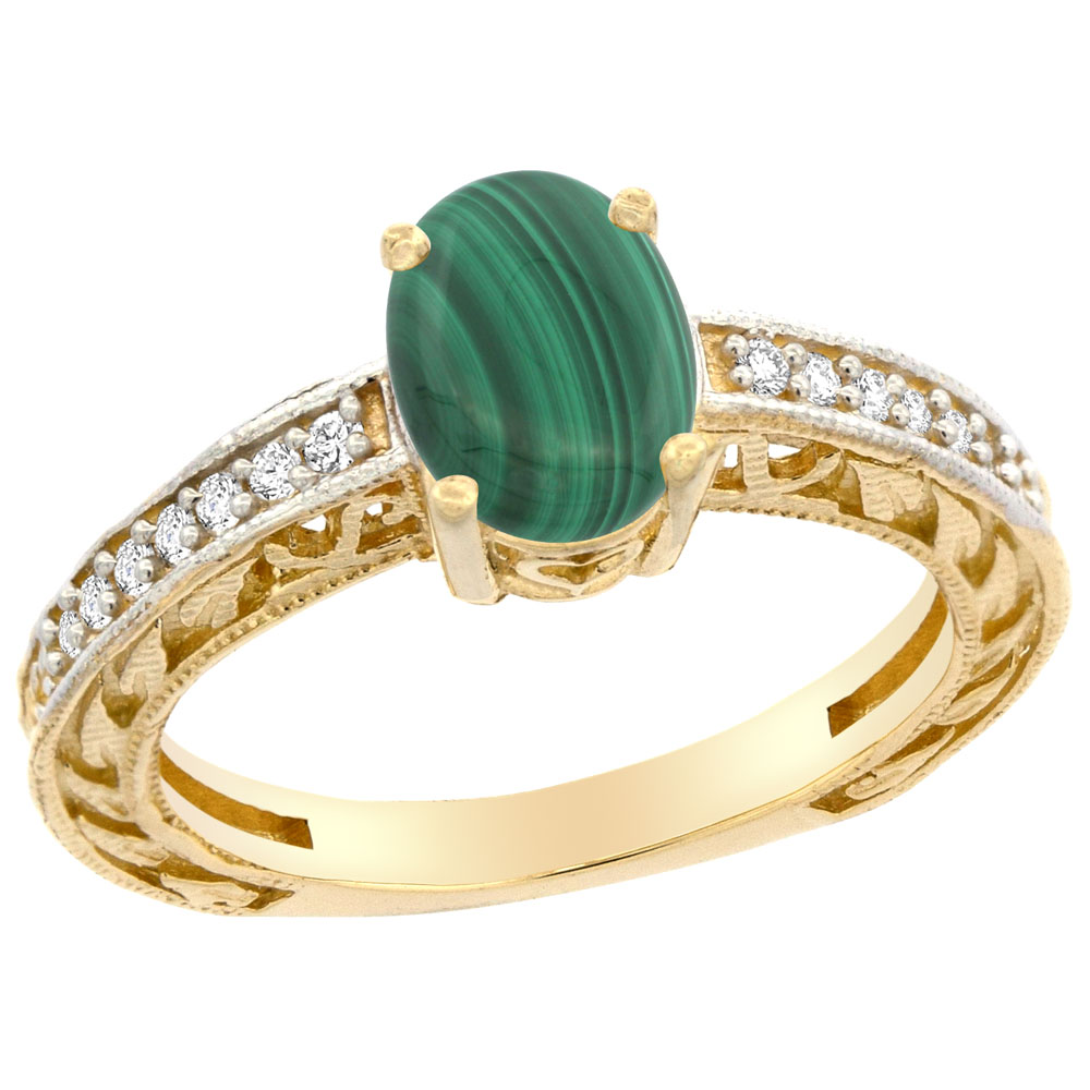 14K Gold Natural Malachite Ring Oval 8x6 mm Diamond Accents, sizes 5 - 10