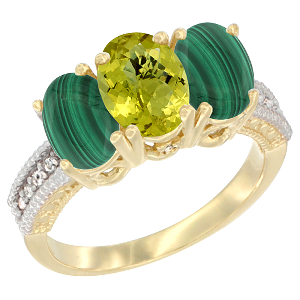 10K Yellow Gold Natural Lemon Quartz & Malachite Sides Ring 3-Stone Oval 7x5 mm Diamond Accent, sizes 5 - 10