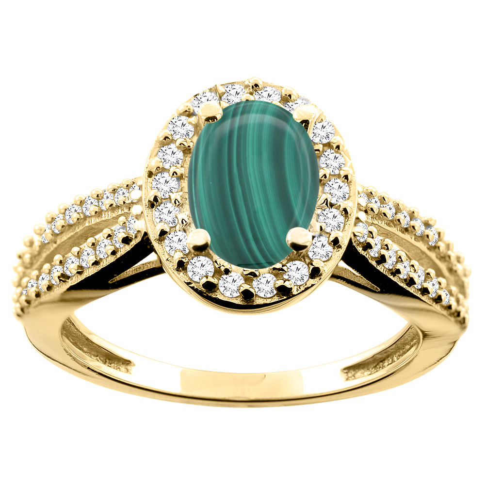 14K White/Yellow/Rose Gold Natural Malachite Ring Oval 8x6mm Diamond Accent, size 5