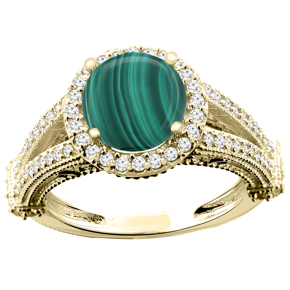 14K White/Yellow/Rose Gold Natural Malachite Ring Round 8mm Diamond Accent, sizes 5 - 10
