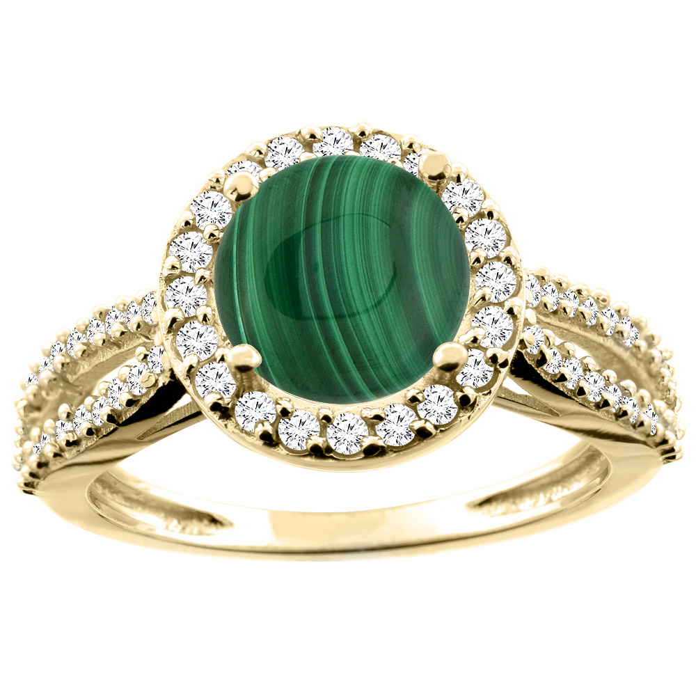 14K White/Yellow/Rose Gold Natural Malachite Ring Round 8mm Diamond Accent, sizes 5 - 10
