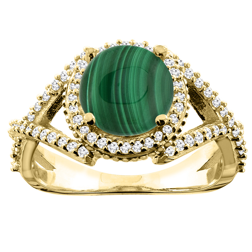 14K White/Yellow/Rose Gold Natural Malachite Ring Round 8mm Diamond Accent, sizes 5 - 10