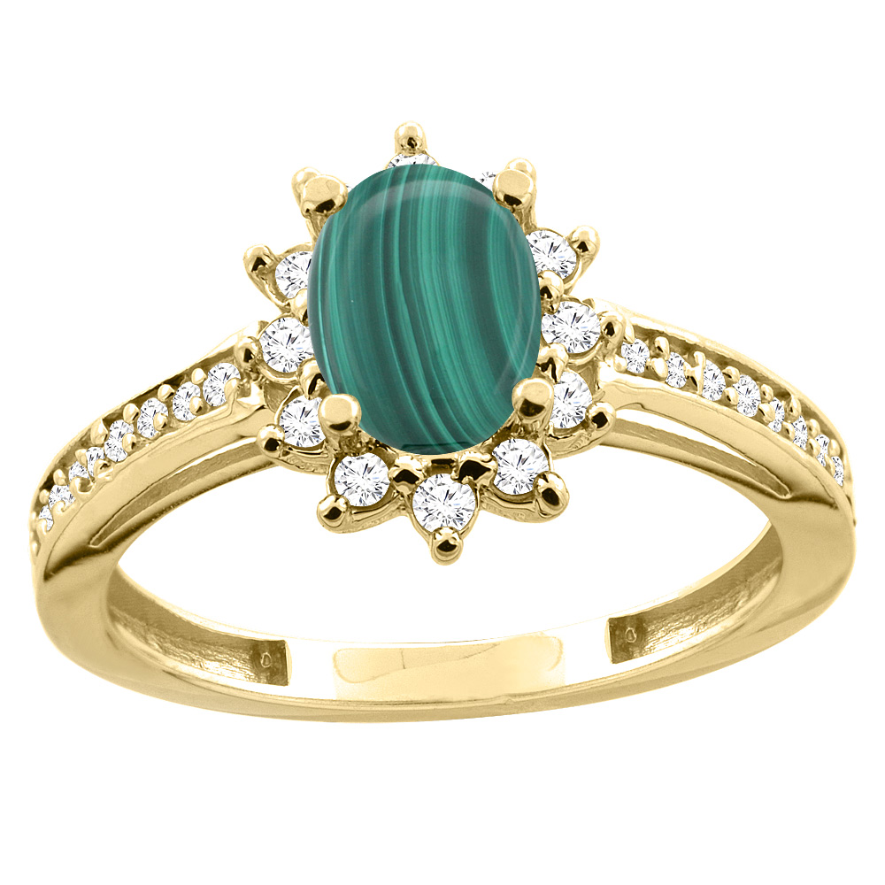 14K White/Yellow Gold Diamond Natural Malachite Floral Halo Engagement Ring Oval 7x5mm, sizes 5 - 10