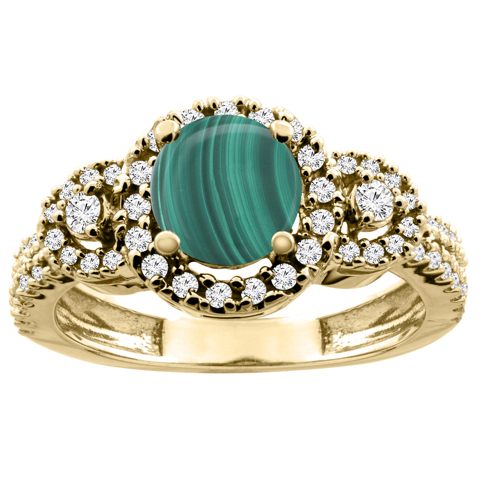 14K White/Yellow Gold Diamond Halo Natural Malachite Ring Round 6mm, sizes 5 - 10