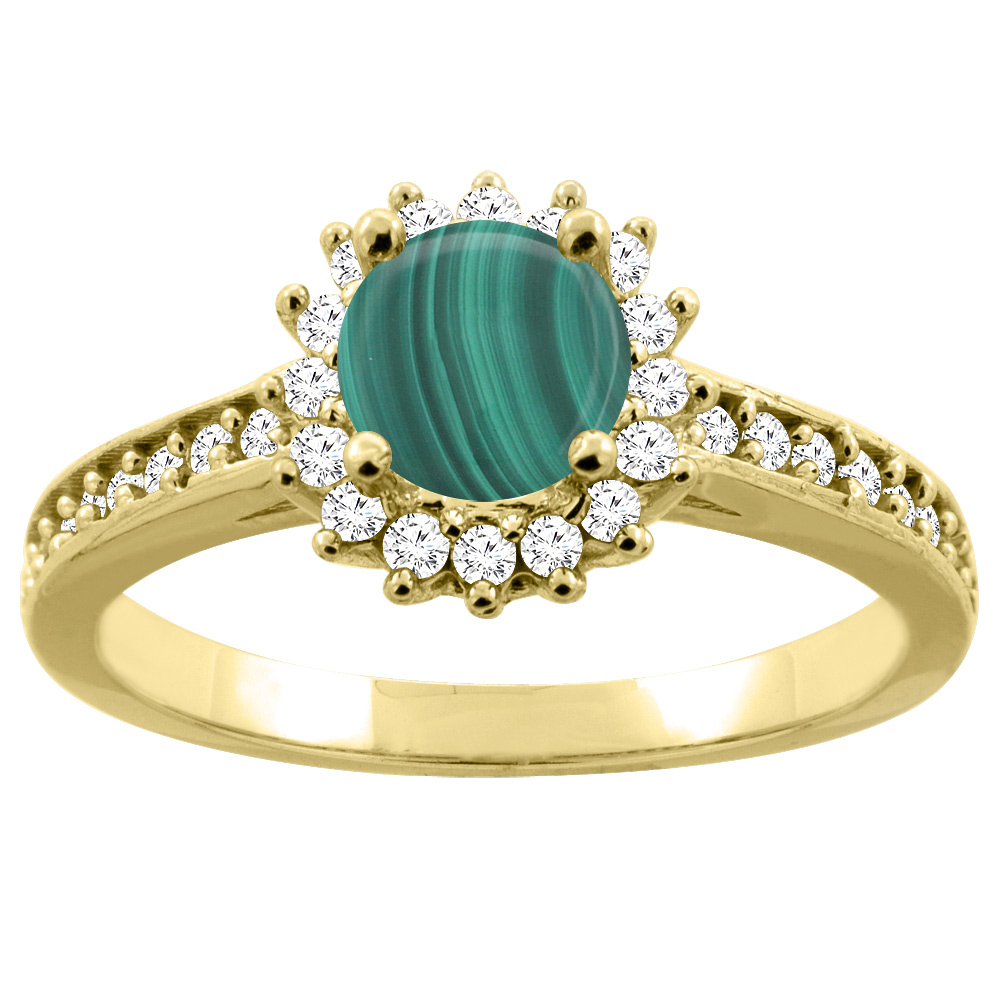 10K Gold Natural Malachite Floral Halo Diamond Engagement Ring Round 6mm, sizes 5 - 10
