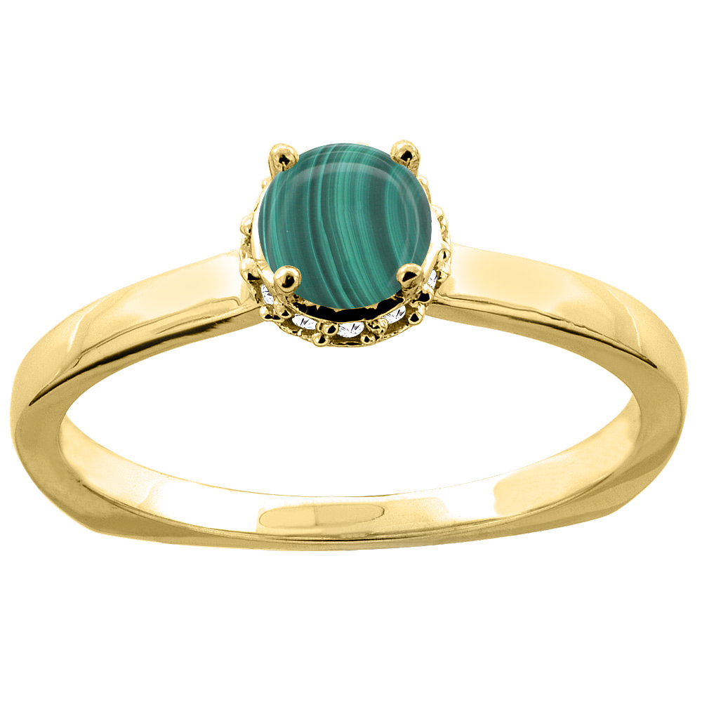 10K Yellow Gold Natural Malachite Solitaire Engagement Ring Round 4mm Diamond Accents, size 9.5