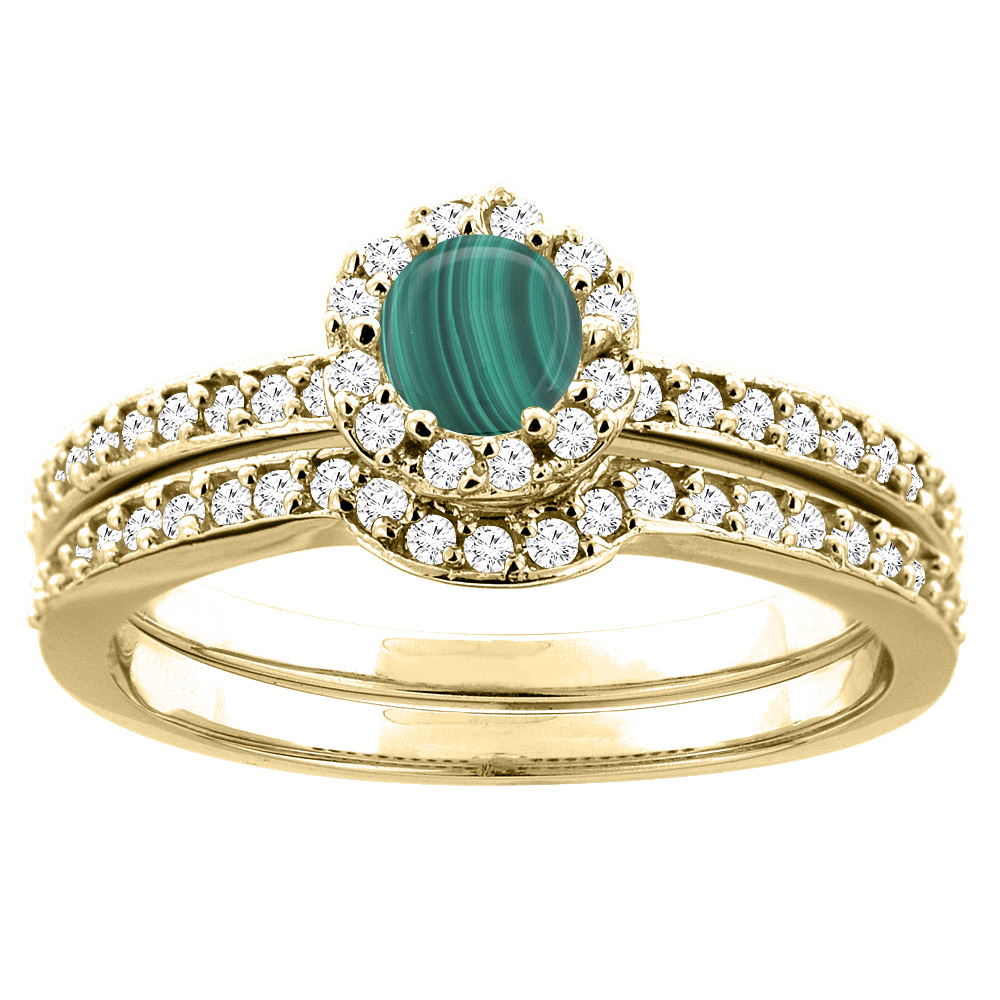 10K Yellow Gold Natural Malachite 2-pc Bridal Ring Set Diamond Accent Round 4mm, sizes 5 - 10