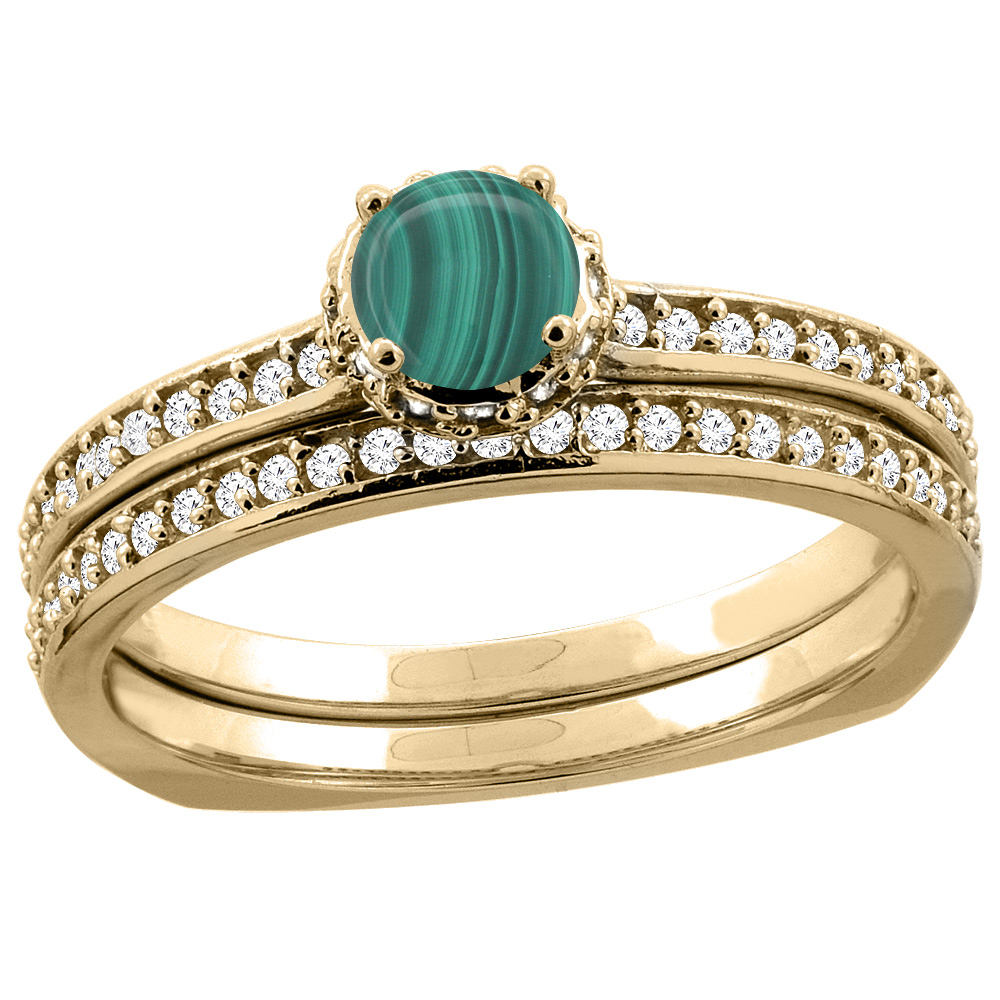 10K Yellow Gold Diamond Natural Malachite 2-pc Bridal Ring Set Round 4mm, sizes 5 - 10
