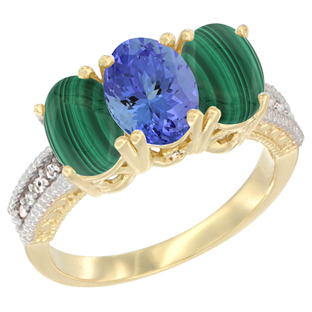 10K Yellow Gold Natural Tanzanite & Malachite Sides Ring 3-Stone Oval 7x5 mm Diamond Accent, sizes 5 - 10
