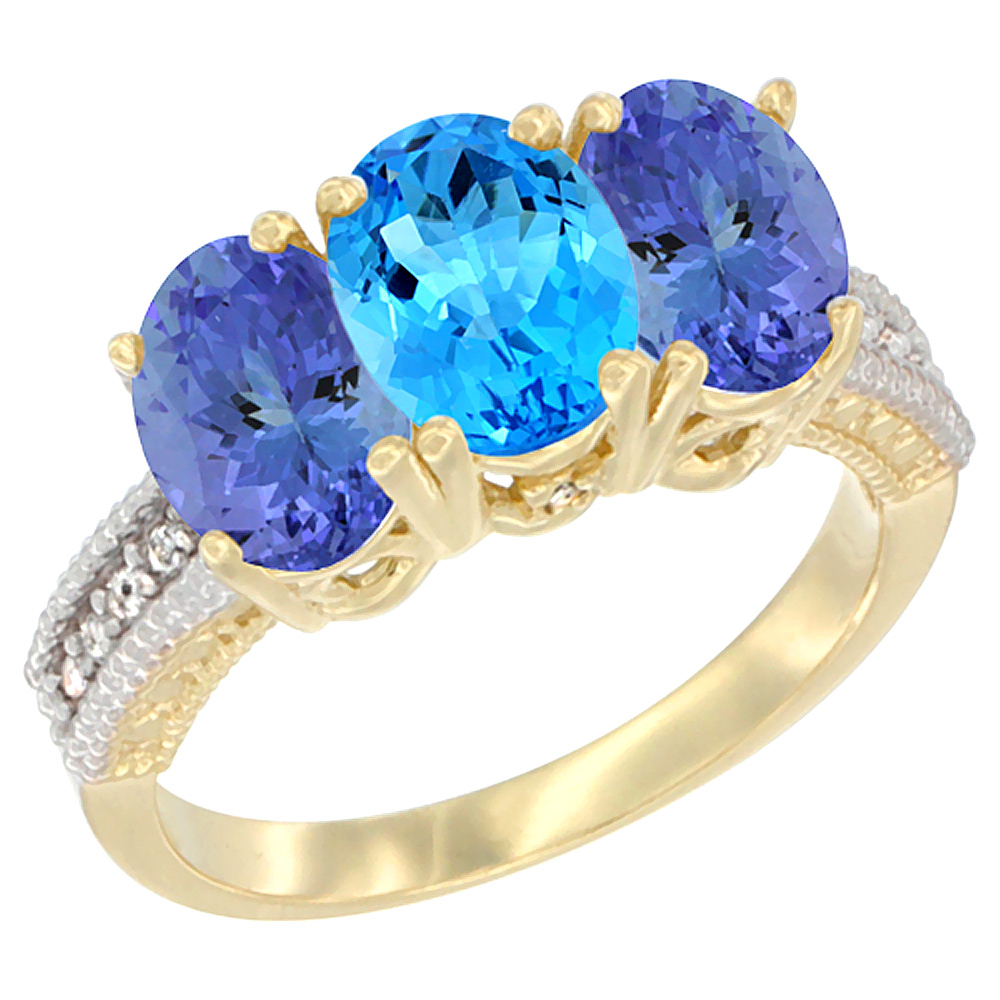 10K Yellow Gold Natural Swiss Blue Topaz & Tanzanite Sides Ring 3-Stone Oval 7x5 mm Diamond Accent, sizes 5 - 10
