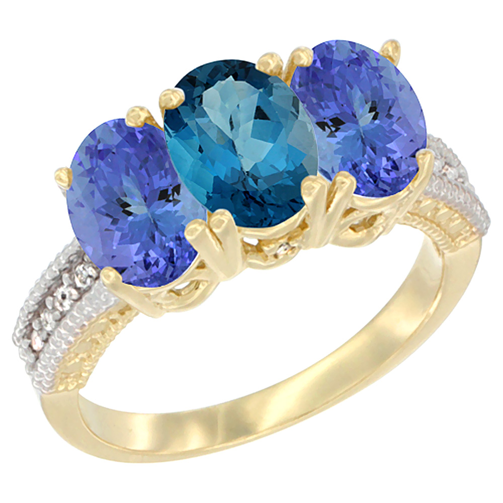 10K Yellow Gold Natural London Blue Topaz & Tanzanite Sides Ring 3-Stone Oval 7x5 mm Diamond Accent, sizes 5 - 10