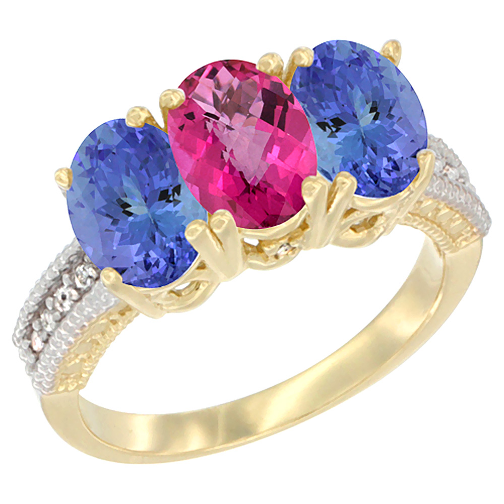 10K Yellow Gold Natural Pink Topaz & Tanzanite Sides Ring 3-Stone Oval 7x5 mm Diamond Accent, sizes 5 - 10