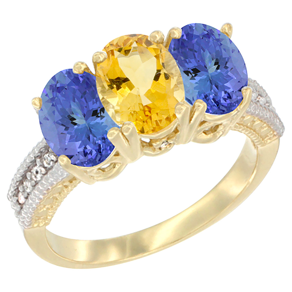 10K Yellow Gold Natural Citrine & Tanzanite Sides Ring 3-Stone Oval 7x5 mm Diamond Accent, sizes 5 - 10