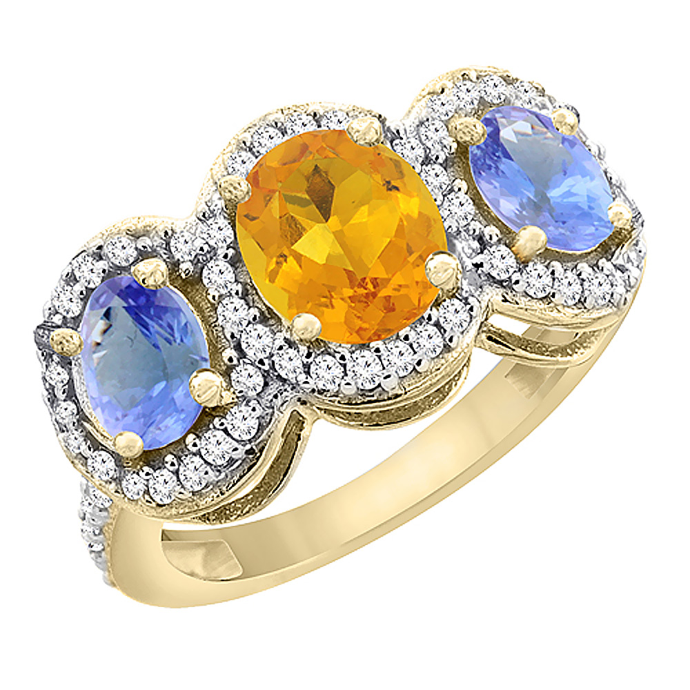 10K Yellow Gold Natural Citrine & Tanzanite 3-Stone Ring Oval Diamond Accent, sizes 5 - 10