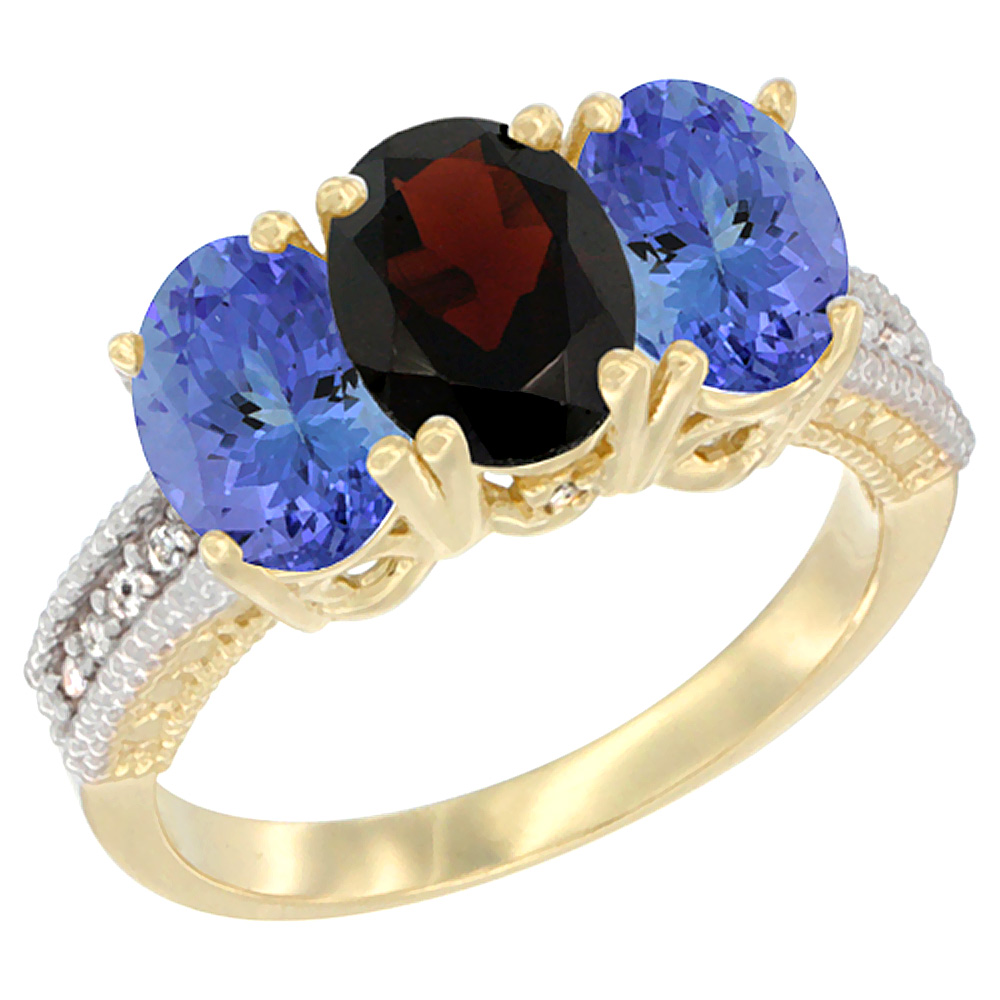 10K Yellow Gold Natural Garnet & Tanzanite Sides Ring 3-Stone Oval 7x5 mm Diamond Accent, sizes 5 - 10