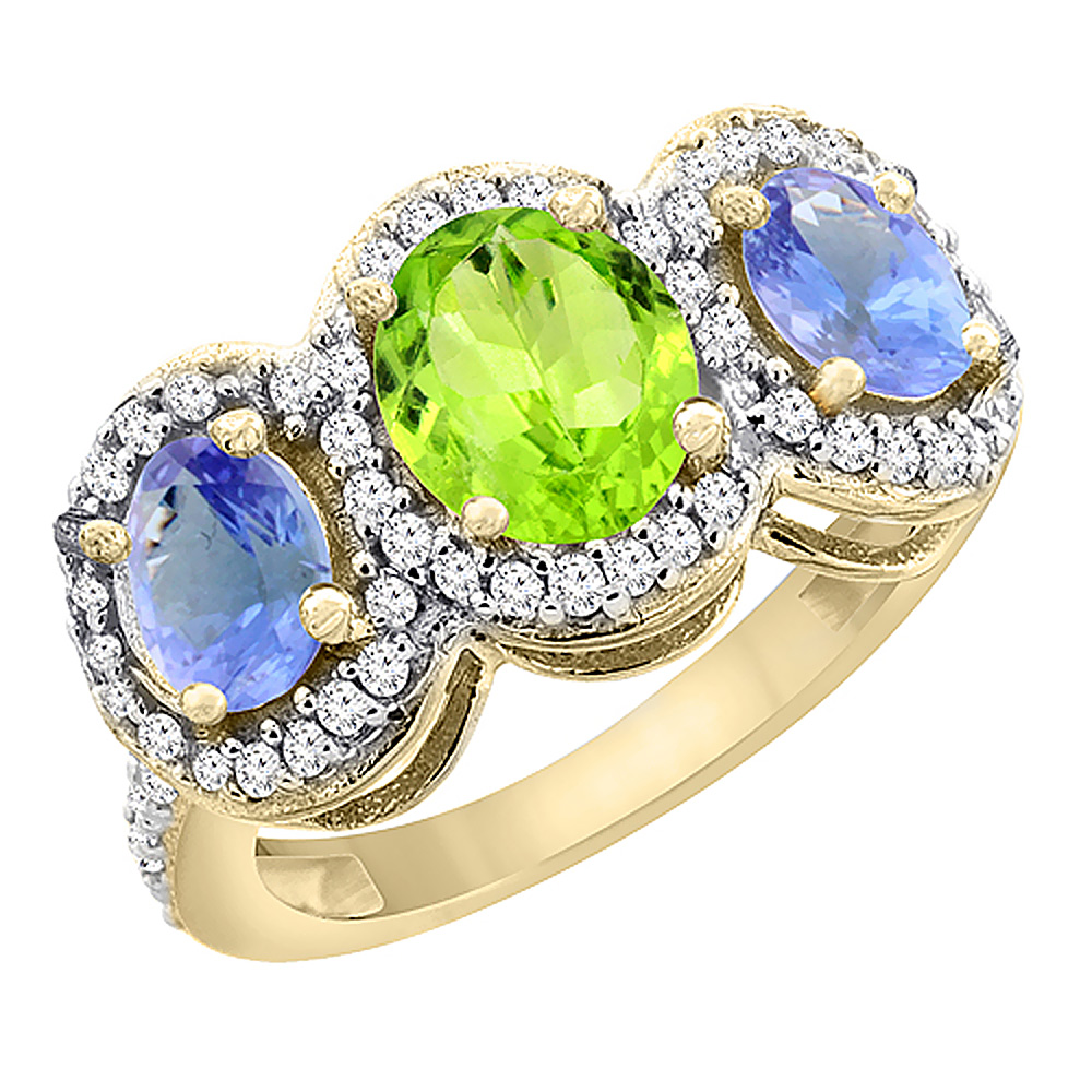 14K Yellow Gold Natural Peridot & Tanzanite 3-Stone Ring Oval Diamond Accent, sizes 5 - 10