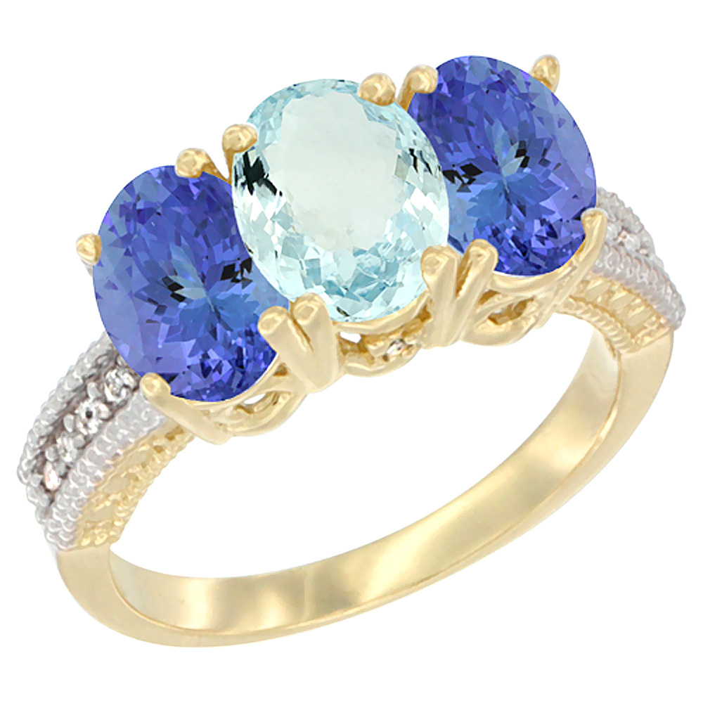 10K Yellow Gold Natural Aquamarine & Tanzanite Sides Ring 3-Stone Oval 7x5 mm Diamond Accent, sizes 5 - 10
