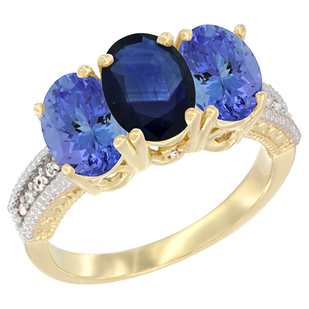 10K Yellow Gold Natural Blue Sapphire & Tanzanite Sides Ring 3-Stone Oval 7x5 mm Diamond Accent, sizes 5 - 10