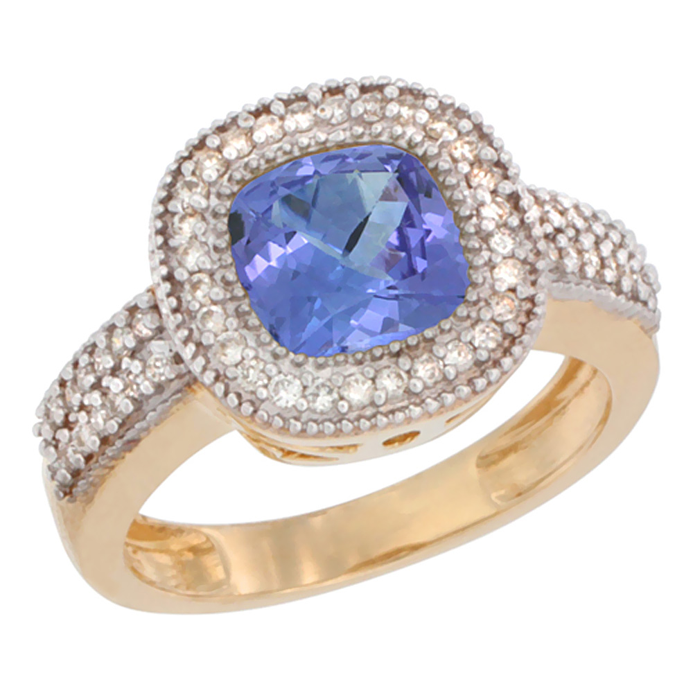 10K Yellow Gold Natural Tanzanite Ring Cushion-cut 7x7mm Diamond Accent, sizes 5-10