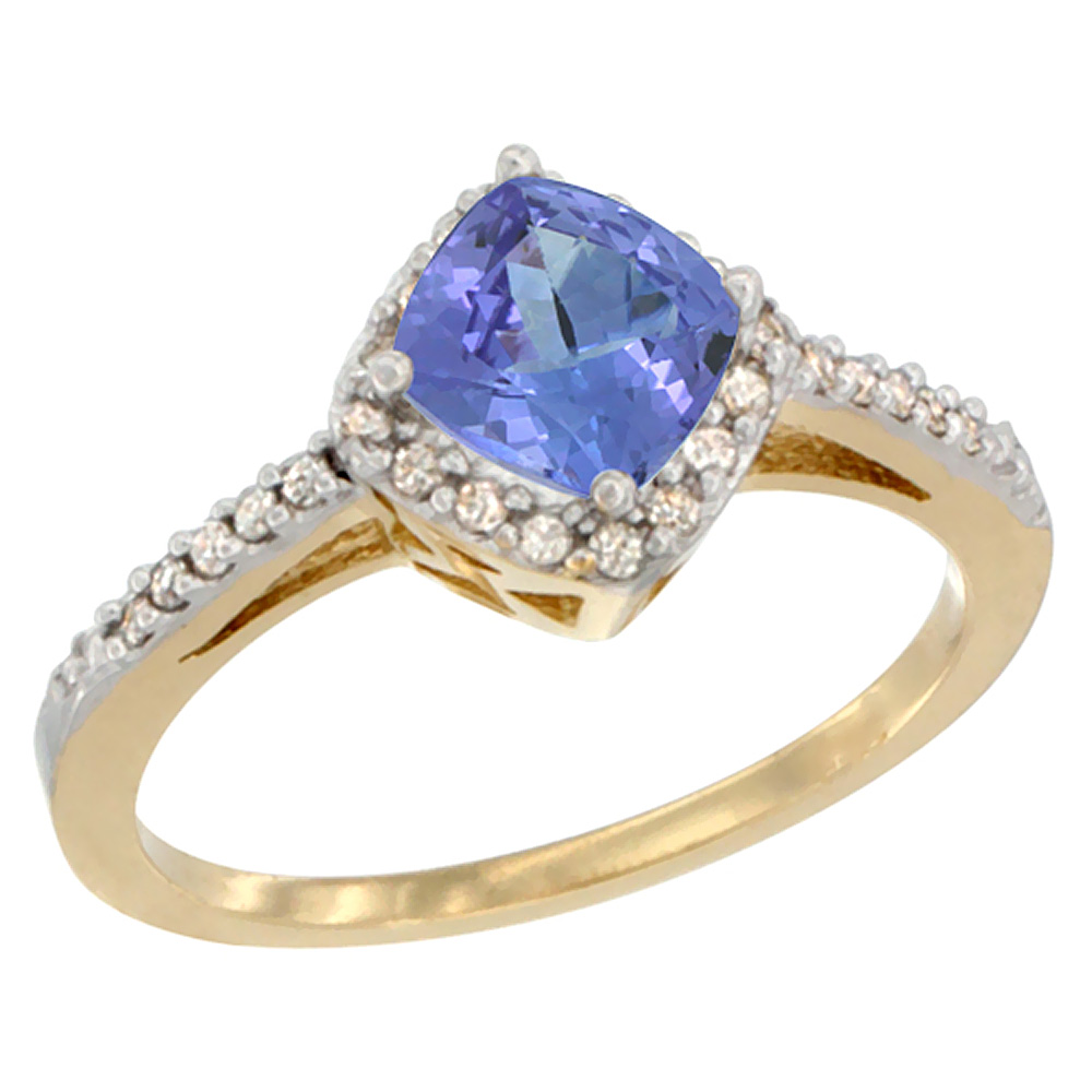 10K Yellow Gold Natural Tanzanite Ring Cushion-cut 6mm Halo Diamond Accent, sizes 5 - 10