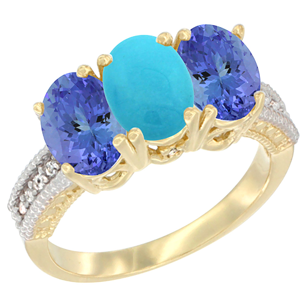 10K Yellow Gold Natural Turquoise & Tanzanite Sides Ring 3-Stone Oval 7x5 mm Diamond Accent, sizes 5 - 10
