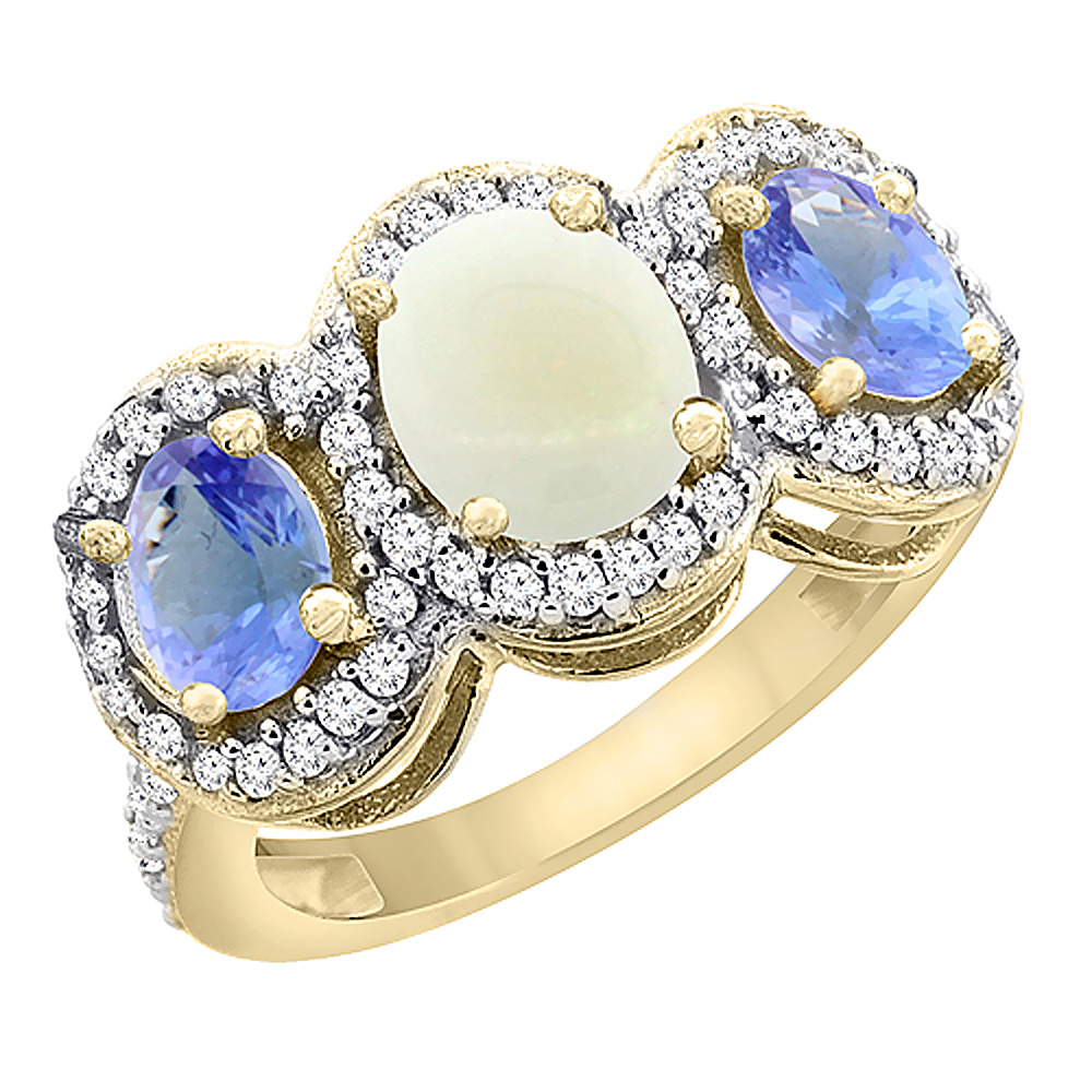 14K Yellow Gold Natural Opal & Tanzanite 3-Stone Ring Oval Diamond Accent, sizes 5 - 10