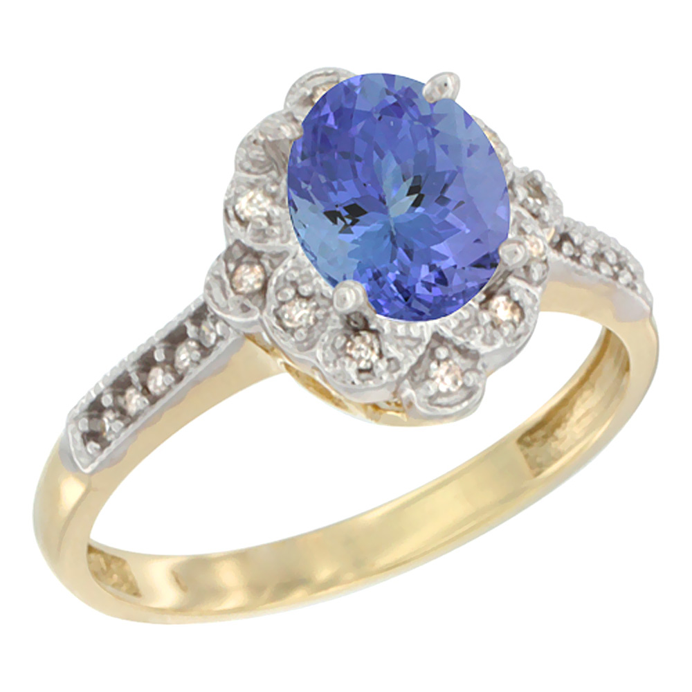 10K Yellow Gold Natural Tanzanite Ring Oval 8x6 mm Floral Diamond Halo, sizes 5 - 10
