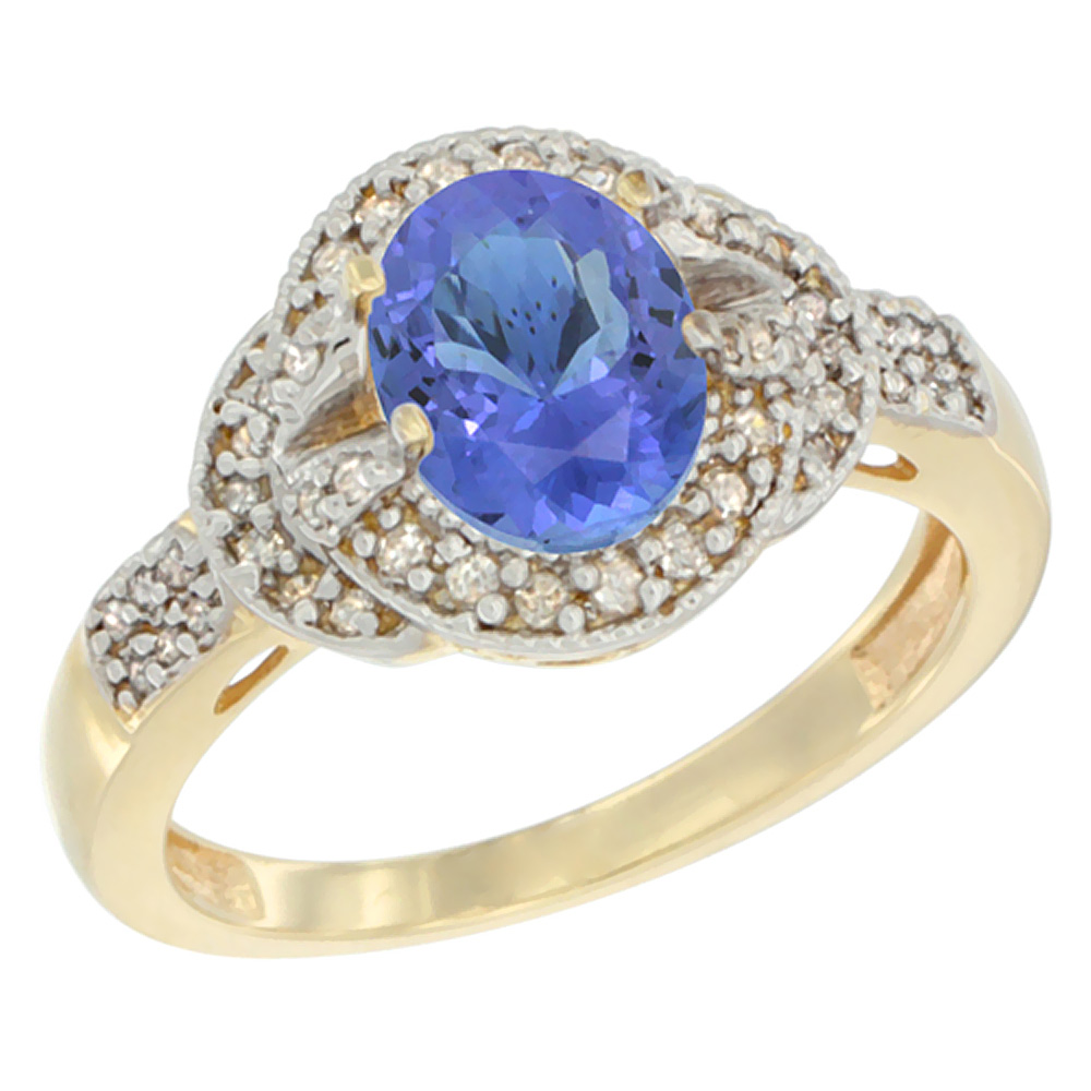 10K Yellow Gold Natural Tanzanite Ring Oval 8x6 mm Diamond Accent, sizes 5 - 10